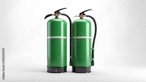 Fire extinguisher green tank, halon, 3D rendering.  Isolated on white background.