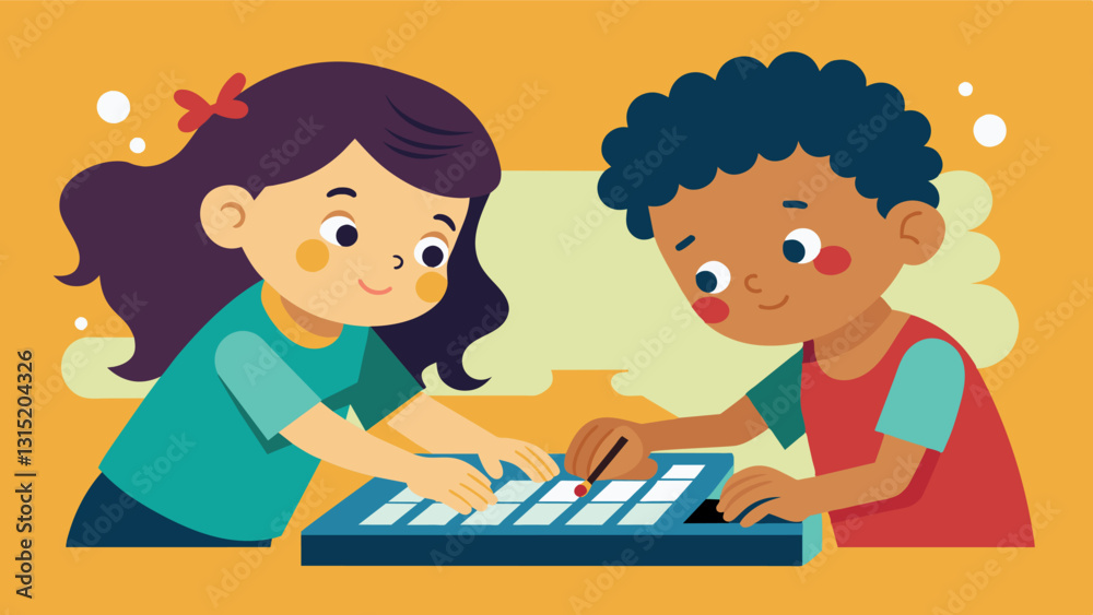 Two young children carefully examining the inner workings of a keyboard marveling at the tiny keys and their functions.. Vector illustration Two young children carefully examining the inner workings of a keyboard marveling at the tiny keys and their functions.. Vector illustration