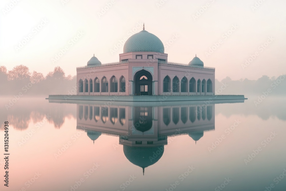 Fototapeta premium A serene pink mosque reflected in a misty lake at dawn, showcasing architectural beauty and tranquility.