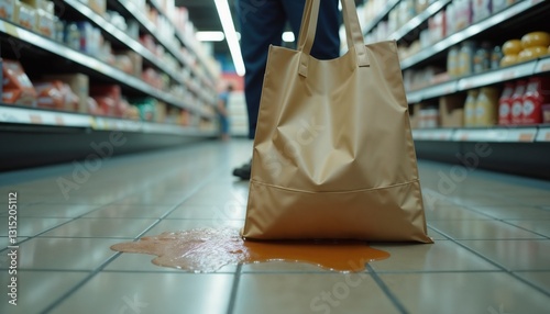 Spilled liquid from bag on supermarket floor with shopper in the background