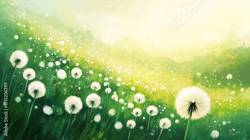 Dandelion plant in Spring field.
