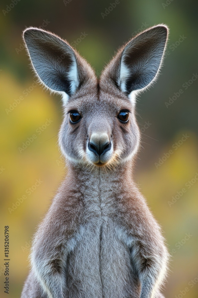 Kangaroo stands tall. Large ears alert. Animal looking forward. Calm and curious. Natural setting. Wildlife portrait. Grey fur. Australian fauna. Kangaroo stands tall. Large ears alert. Animal looking forward. Calm and curious. Natural setting. Wildlife portrait. Grey fur. Australian fauna.