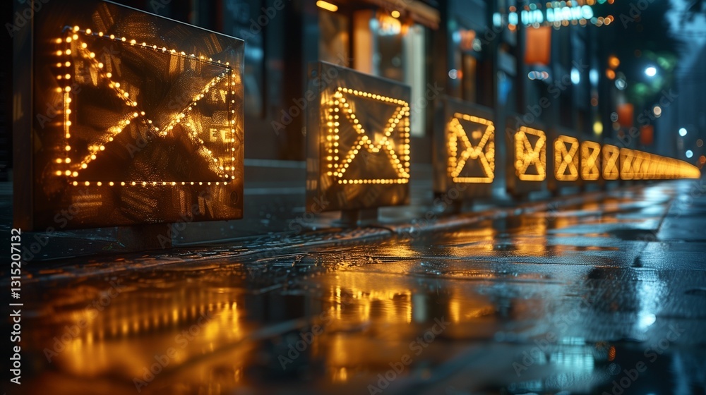 Obraz premium A row of glowing envelope-shaped signs with yellow lights lines a wet urban street, reflecting on the pavement at night
