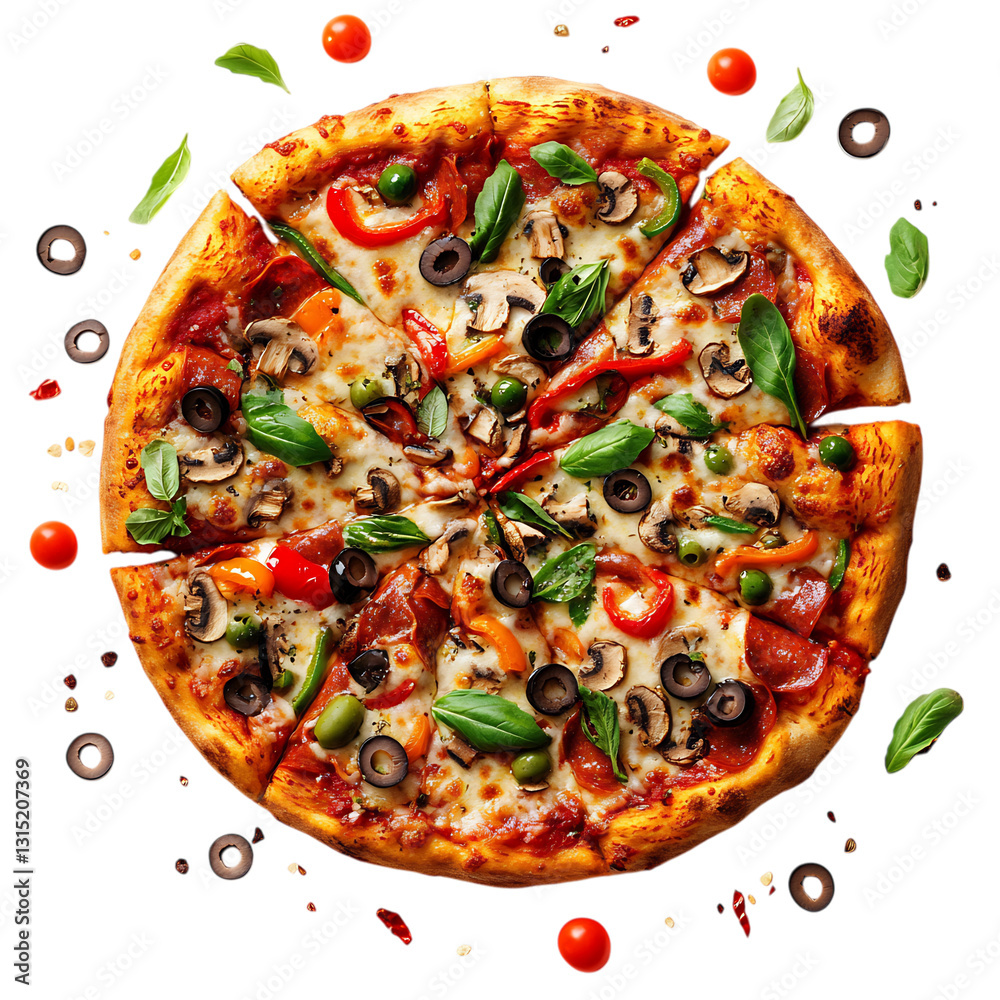A Veggie Pizza with Mushrooms Bell Peppers and Olives Isolated on Transparent Background A Veggie Pizza with Mushrooms Bell Peppers and Olives Isolated on Transparent Background