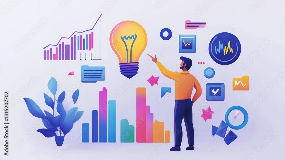 Man pointing at a bright idea surrounded by data charts and graphs.