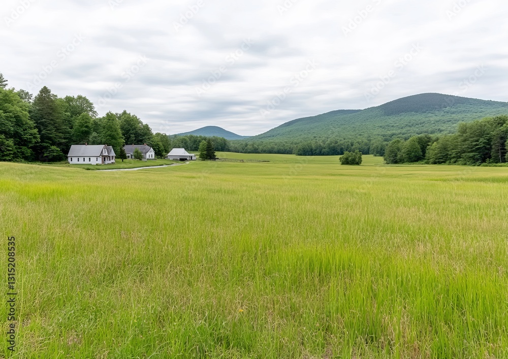 Countryside Meadow with White Farmhouses and Mountains Countryside Meadow with White Farmhouses and Mountains