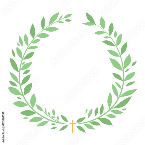 An elegant wreath made of green leaves with a cross at the bottom. A minimalist design for religious, ceremonial, or memorial purposes. Vector design. Easter frame. Spring time.