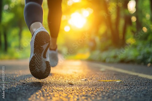 Morning jogger runs along a tree-lined path as the sun rises, creating a warm glow through the leaves