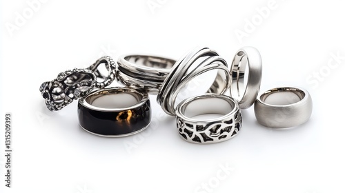 A collection of contemporary silver rings with polished finishes on a white isolated background