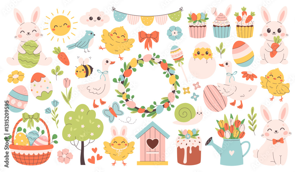 Cute Easter set. Spring collection of animals, flowers and seasonal decorations. Design for greeting cards, posters, scrapbooking, stickers. Vector illustration in flat style Cute Easter set. Spring collection of animals, flowers and seasonal decorations. Design for greeting cards, posters, scrapbooking, stickers. Vector illustration in flat style