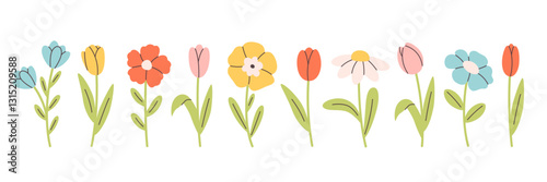 Cute spring flower set. Design for cards, fabric, wrapping, scrapbooking, wallpaper. Vector illustration in flat style