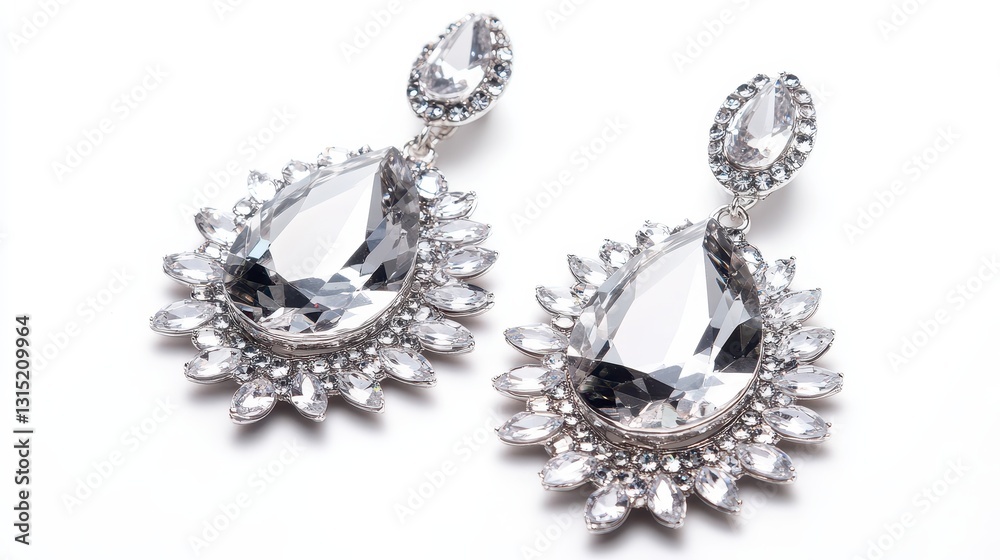 A set of elegant crystal earrings with a shimmering effect on a white isolated background A set of elegant crystal earrings with a shimmering effect on a white isolated background