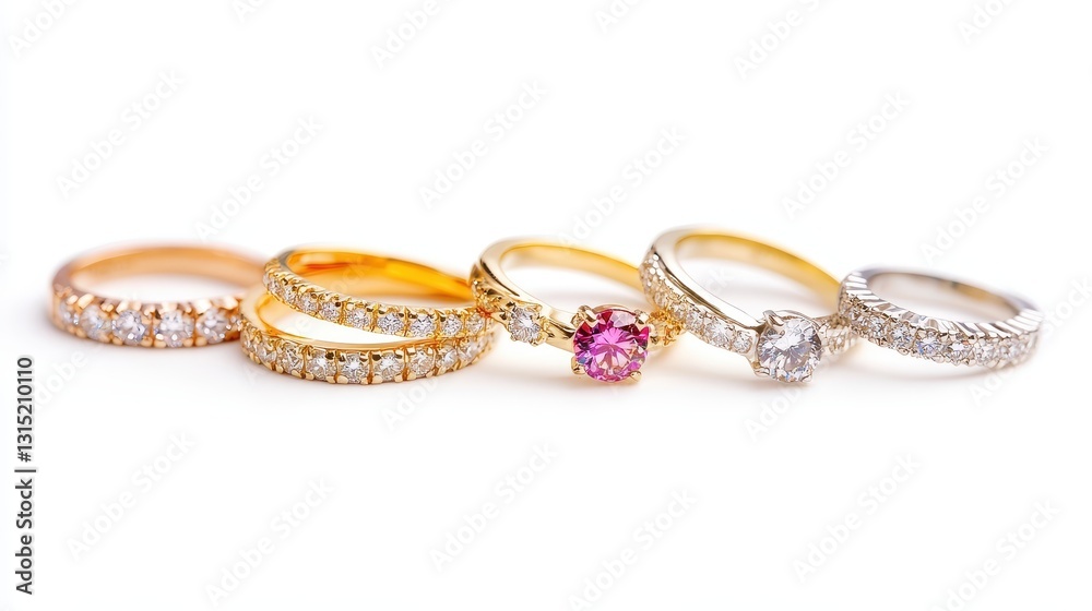 A set of sparkling cubic zirconia rings on a white isolated background