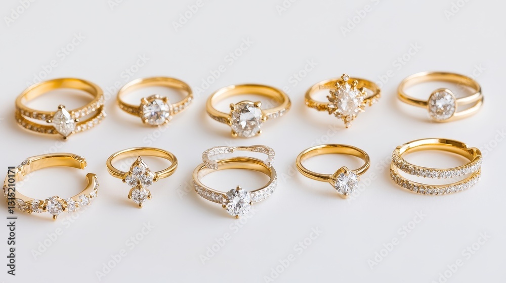 A set of sparkling cubic zirconia rings on a white isolated background A set of sparkling cubic zirconia rings on a white isolated background