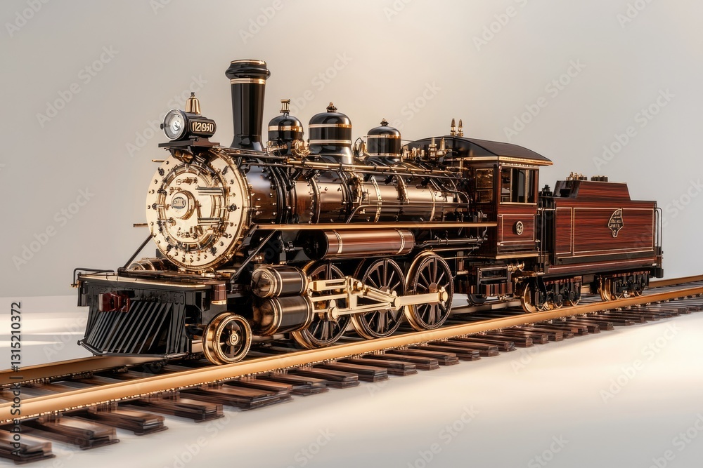 Naklejka premium A meticulously detailed vintage steam locomotive, elegantly designed with gold accents, stands majestically on the railway tracks.