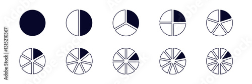 a series of pie charts displaying increasing division stages, illustrating varying complexity levels.
