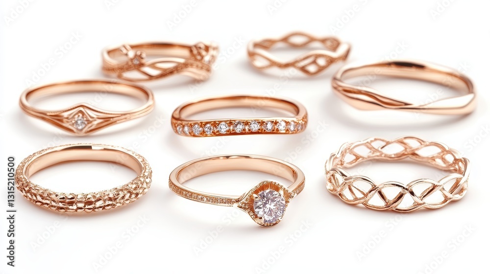 A collection of rose gold rings with delicate designs on a white isolated background A collection of rose gold rings with delicate designs on a white isolated background