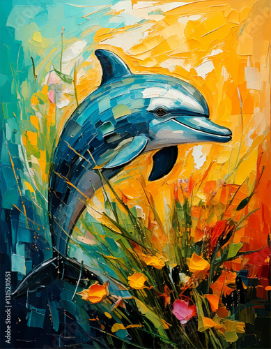 watercolor dolphin painting in water see aquarium, watercolor fish on green blue color background, animals painting wall art vector Adobe Illustrator Artwork	