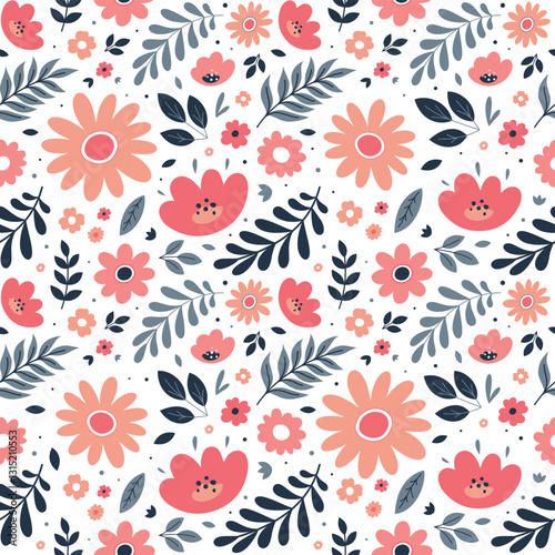 A seamless floral pattern featuring pink flowers and blue leaves on a white background, ideal for fabric, wallpaper, cards, and and digital art with a cheerful, hand-drawn style.