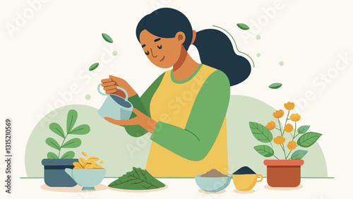 A woman mixing dried herbs from her garden to make her own herbal tea blend boasting about the costsaving benefits and unique flavors.. Vector illustration