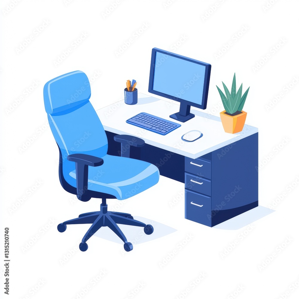 Modern office workspace featuring a computer on a desk accompanied by a lively green plant for a fresh atmosphere Modern office workspace featuring a computer on a desk accompanied by a lively green plant for a fresh atmosphere