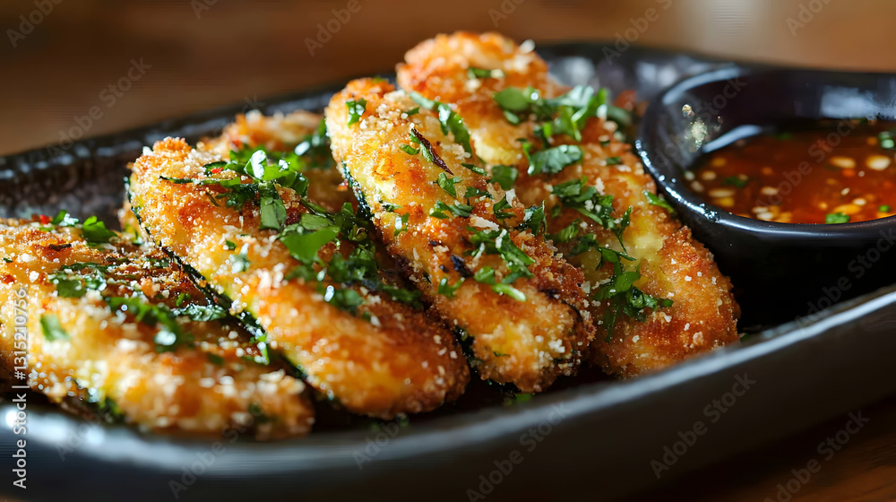 Golden fried zucchini slices coated with a crispy breadcrumb layer and seasoned with fresh herbs, served with a tangy sauce. Golden fried zucchini slices coated with a crispy breadcrumb layer and seasoned with fresh herbs, served with a tangy sauce.