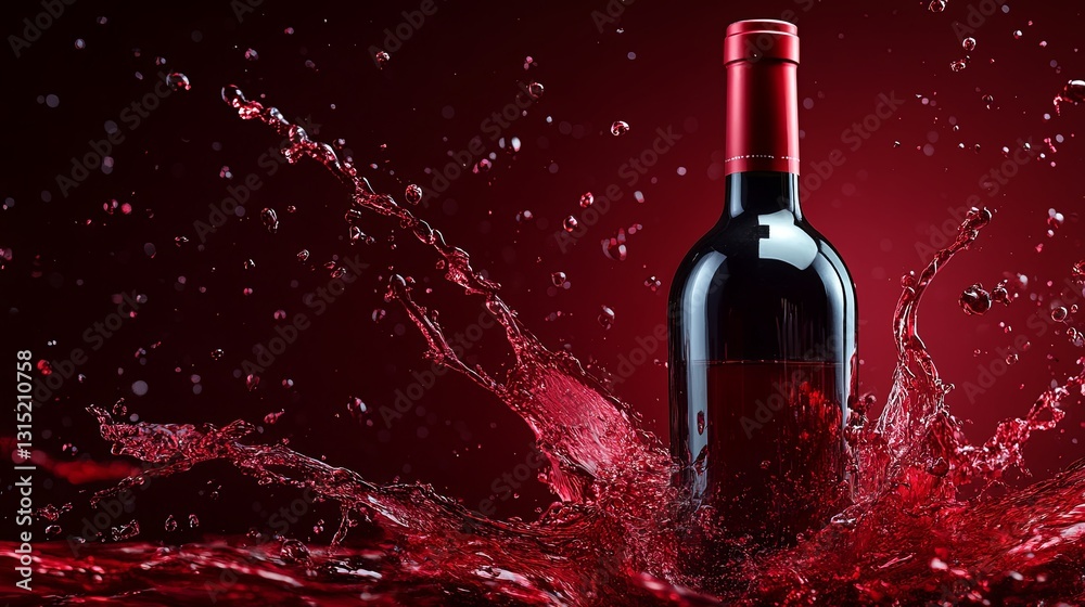 Fototapeta premium Red wine bottle splashes into red liquid with vibrant droplets in dynamic freeze-frame moment