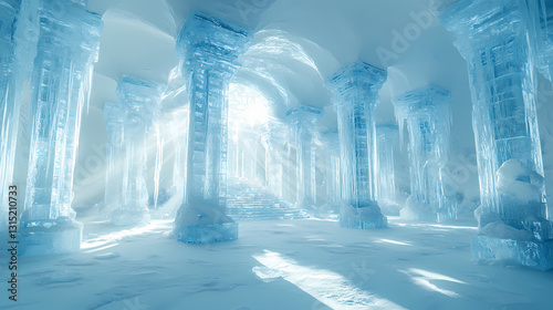 Stunning ice palace with intricate architectural details and ethereal light beams, capturing a magical frozen wonderland scene in winter. Radiant - Temple. Illustration