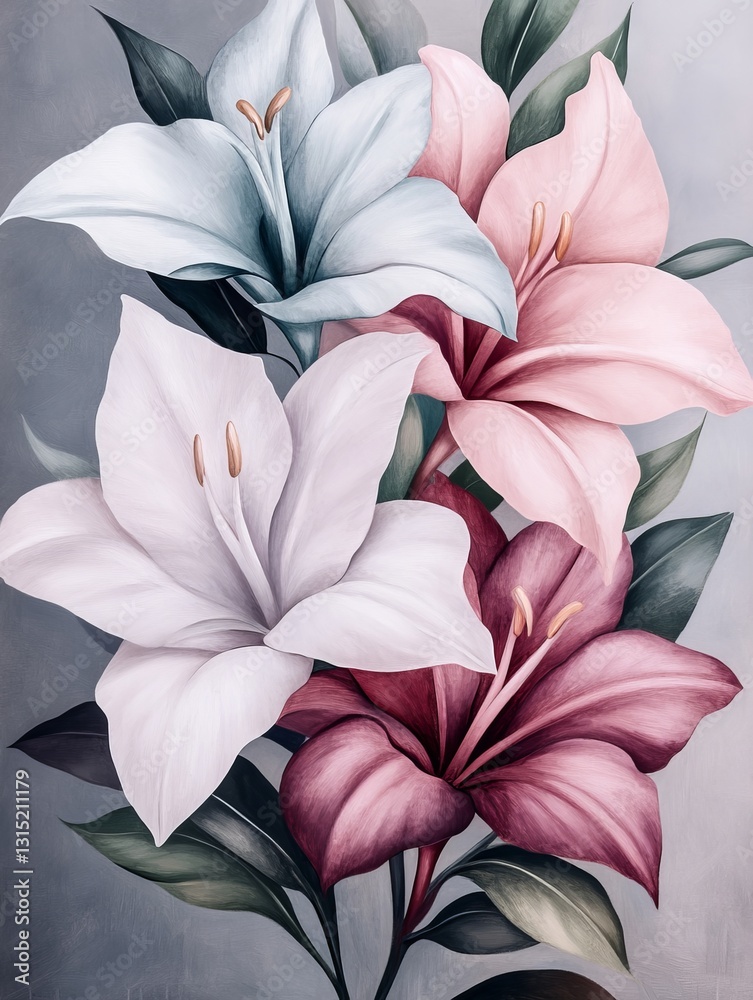 Obraz premium Delicate Pastel Lilies, Soft Colors, Floral Arrangement, Gray Background