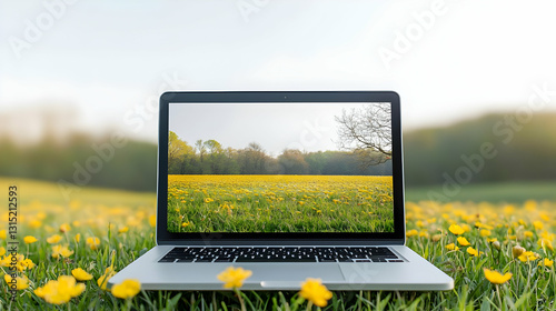 Silver Laptop Showcasing Vibrant Yellow Flower Field In Green Grass Meadow During Sunny Spring Day Enhancing Remote Work
