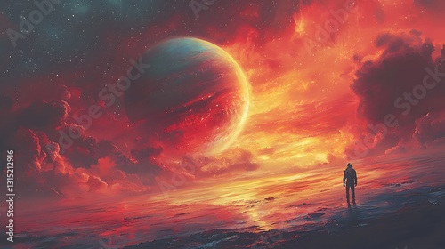 Glowing Giant Planet Above an Alien Landscape with Astronaut Figure
