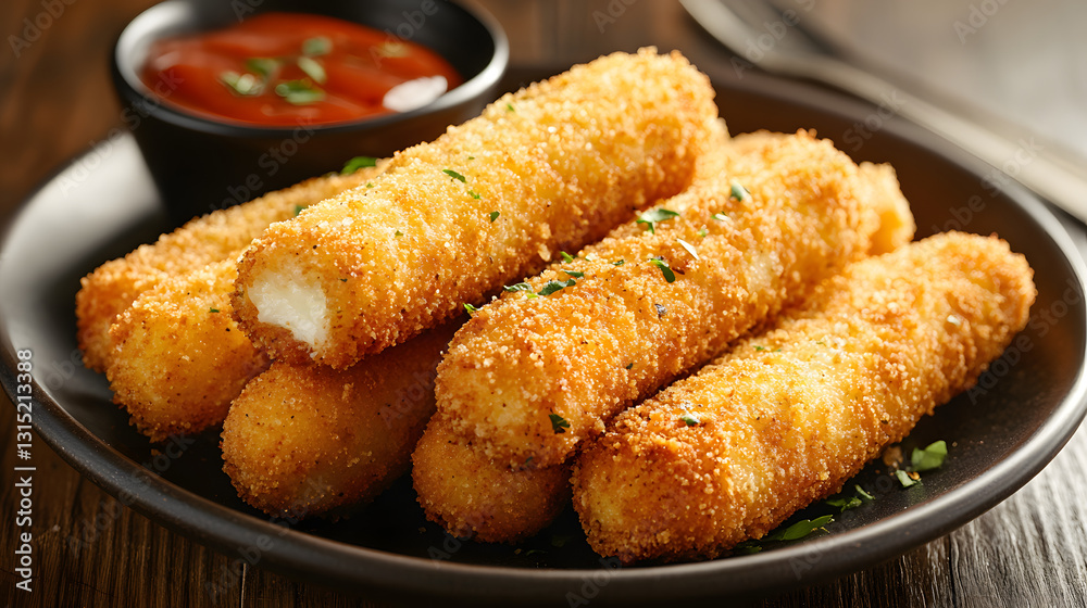 Golden mozzarella sticks with crispy coating and parmesan cheese, served alongside a zesty dipping sauce. Golden mozzarella sticks with crispy coating and parmesan cheese, served alongside a zesty dipping sauce.