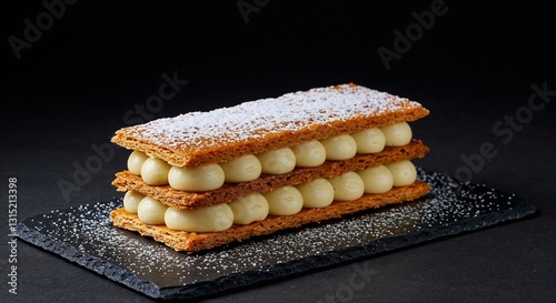 Mille-feuille dessert with multiple cream and pastry layers on dark slate background for patisserie websites, bakery catalogs, dessert menus, and French cuisine blogs