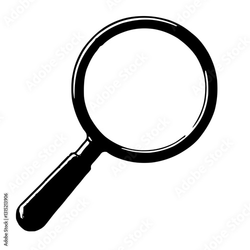 An illustration featuring a black magnifying glass silhouette set against a clean white background depicting a classic magnifying glass with detailed handle and lens.