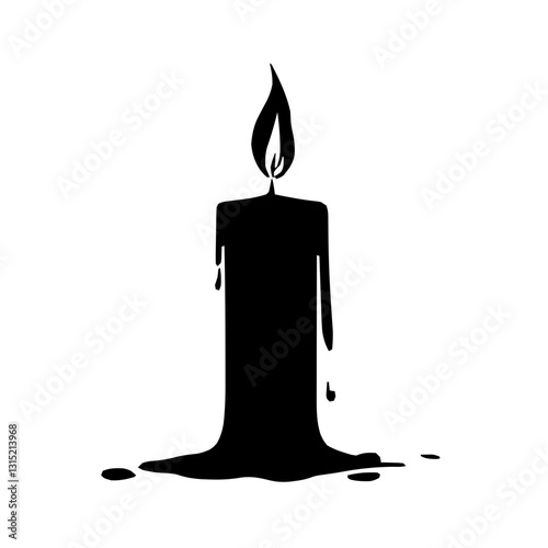 An illustration featuring a black candle silhouette set against a clean white background depicting a lit candle with detailed flame and melted wax.