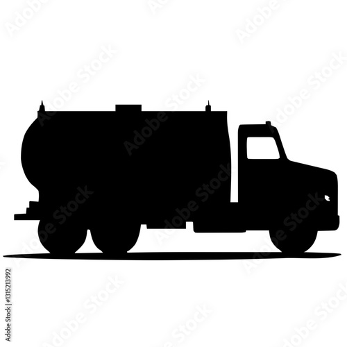 An illustration featuring a black fuel truck silhouette set against a clean white background showing a detailed tanker truck with visible wheels and fuel compartments.