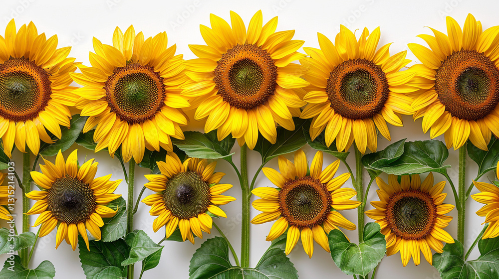 Row of vibrant sunflowers arranged in a horizontal pattern against a white background, showcasing the full blooms and green leaves. Row of vibrant sunflowers arranged in a horizontal pattern against a white background, showcasing the full blooms and green leaves.