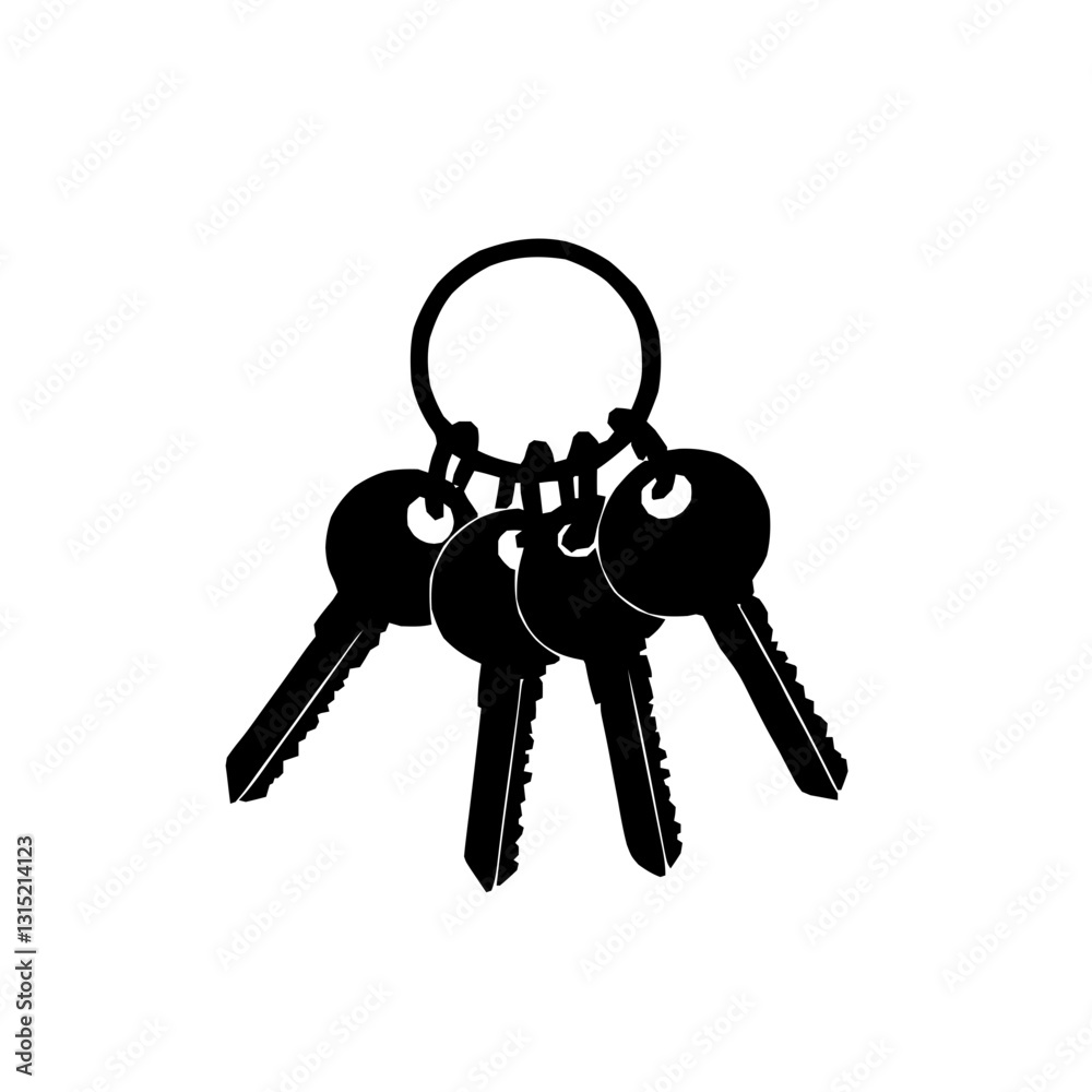 An illustration featuring a black keychain silhouette set against a clean white background showing a keyring with multiple keys and detailed charm.