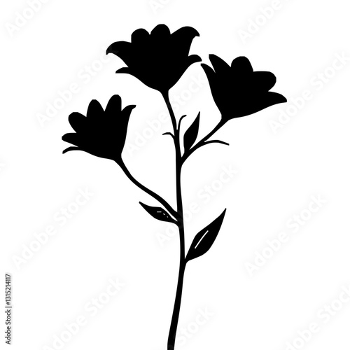 An illustration featuring a black flower silhouette set against a clean white background depicting a blooming flower with detailed petals and stem.