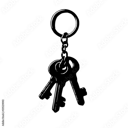 An illustration featuring a black keychain silhouette set against a clean white background showing a keyring with multiple keys and detailed charm.
