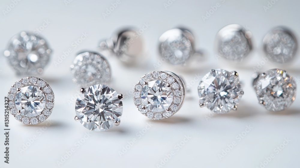 A collection of luxury earrings with diamonds set in platinum on a white isolated background A collection of luxury earrings with diamonds set in platinum on a white isolated background