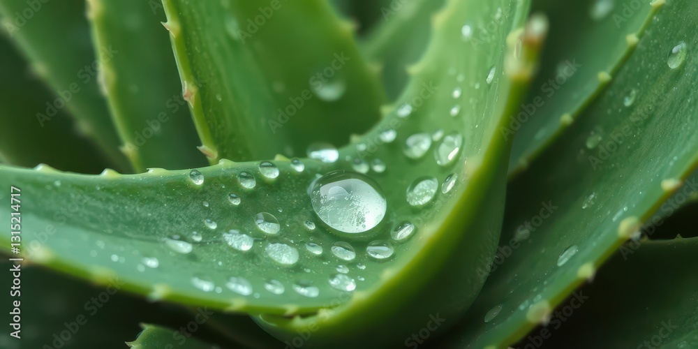 Close-up of aloe vera leaf with fresh water droplets, remedy,soothing,plant