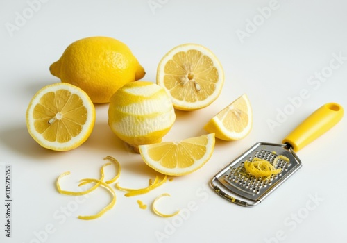 Fresh lemons and grater on white background with lemon zest photo