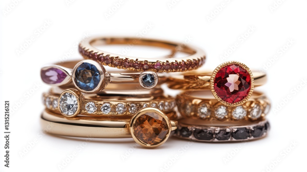 A collection of modern stackable rings with gemstones on a white isolated background A collection of modern stackable rings with gemstones on a white isolated background