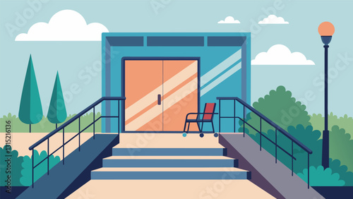 A wheelchair ramp leading up to the entrance of a community center promoting accessibility and inclusivity for seniors.. Vector illustration