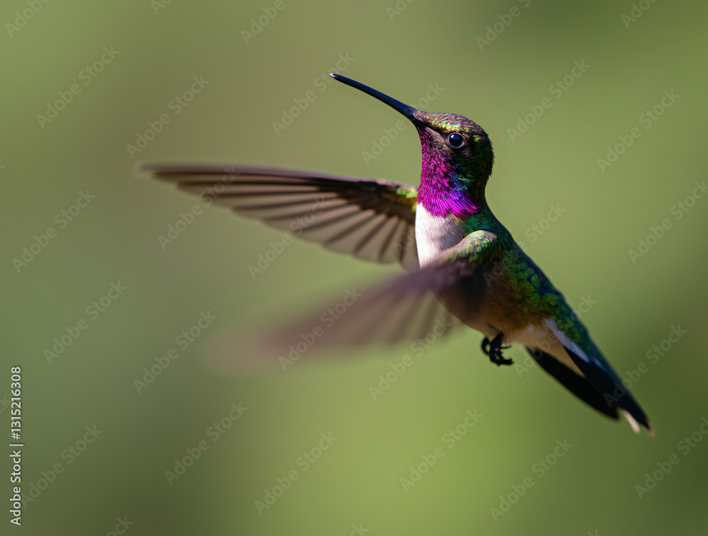 Naklejka premium A hummingbird with iridescent purple and green feathers is captured in mid-flight. Its wings are blurred from rapid movement, showcasing its agility.