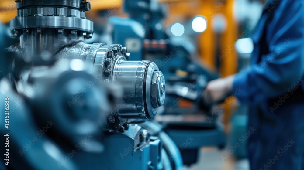 Close-up of industrial machinery with a worker in the background. Close-up of industrial machinery with a worker in the background.