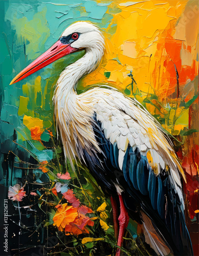 illustration of a stork on watercolor background, Cute stork on green yellow background, watercolor bird cute animal paint design, animals painting wall art vector