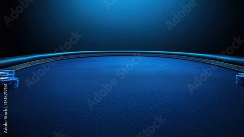Poker and casino gambling table close-up side view with blue felt cloth. Copy space.