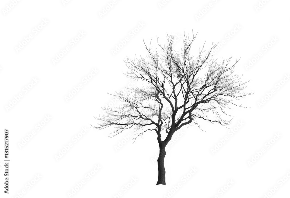 Obraz premium Lone deciduous tree, stark branches against pure white, stock photo, wood